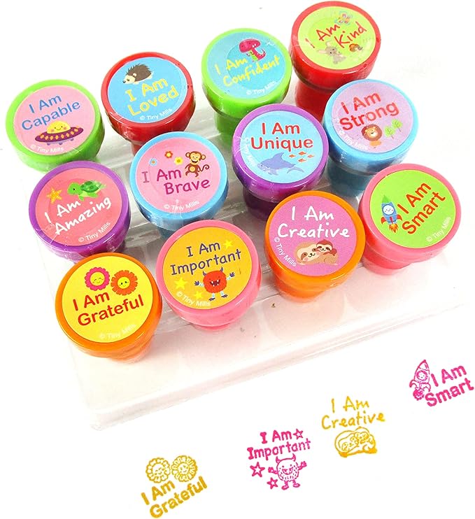 TINYMILLS 12 Pcs Positive Affirmation Stamp Kit for Kids - Positive Mindfulness Self Inking Stamps Gift Party Favors