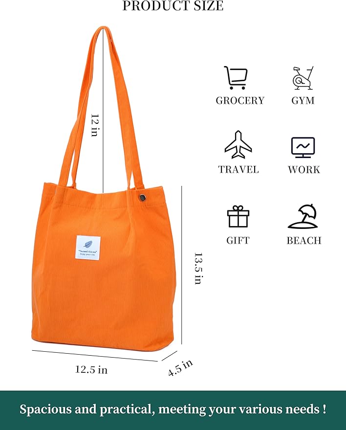 Corduroy Tote Bag Cute Tote Bags for Women Shoulder Bag with Inner Pocket for Work Beach Travel and Shopping Grocery