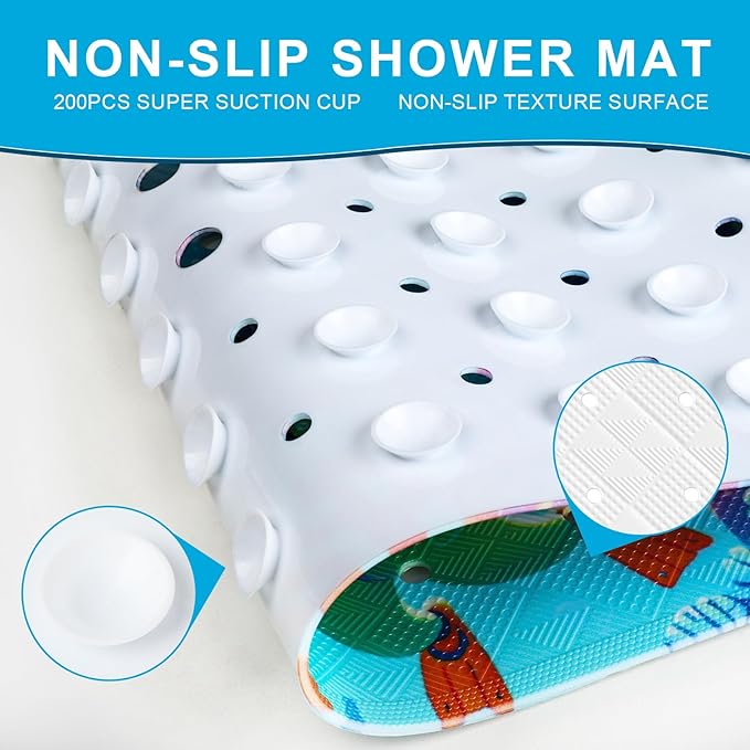 XIYUNTE Baby Bath Mat for Tub Non Slip Kids Bath Mat - 40''x16'' Extra Long Cartoon Diving Baby Bath Tub Mat Eco-Friendly Toddler Bath Mats with Suction Cups & Drain Holes Easy to Clean & Easy Drying