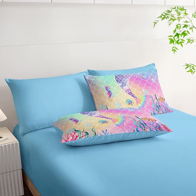 7Pcs Mermaid Tail Comforter Set Pink Scales Printed Bedding Set with 1 Comforter, 1 Flat Sheet, 1 Fitted Sheet and 4 Pillowcases for Boys and Girls Bedroom All Season(Full)