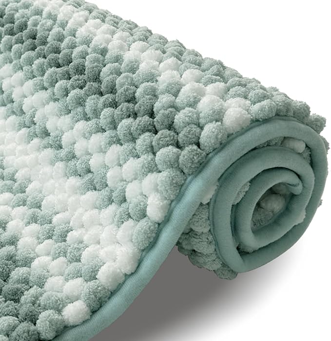 HDFK Bath Mat & Bathroom Rugs, Soft Looped Popcorn Chenille Non-Slip Shower Rug, Super Absorbent & Odorless Hot Melt Adhesive Striped Carpet for Bathtub Floors (24x17 Inch, Light Turquoise Blue Green)