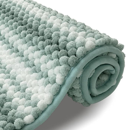 HDFK Bath Mat & Bathroom Rugs, Soft Looped Popcorn Chenille Non-Slip Shower Rug, Super Absorbent & Odorless Hot Melt Adhesive Striped Carpet for Bathtub Floors (24x17 Inch, Light Turquoise Blue Green)