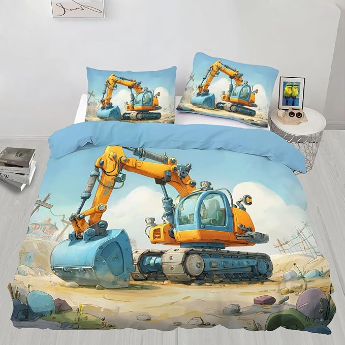 Cartoon Excavator Bedding Set Full Size Kids Construction Vehicle Duvet Cover Engineering Vehicle Comforter Cover Construction Machinery Bedding Set Soft Microfiber for Bedroom