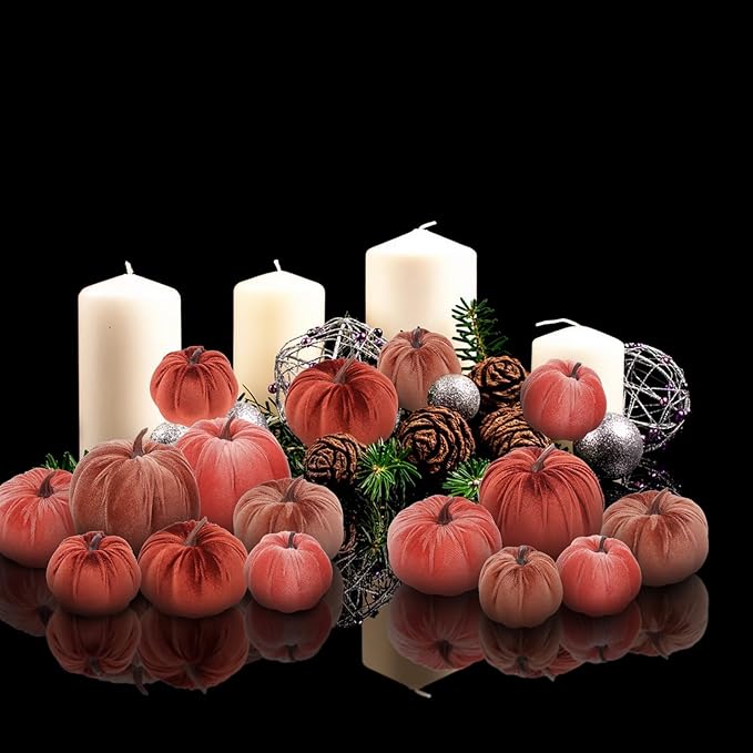Woration 18pcs Fake Artificial Velvet Pumpkin Fall Decoration 3 Size Faux Foam Fabric Pumpkins Halloween Decor for Home Farmhouse Harvest Thanksgiving - Brown Series