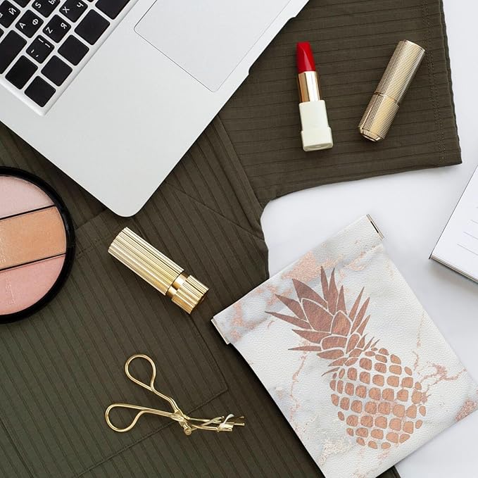 Coin Purse faux rose gold foil pineapple on pink marble Leather Squeeze Coin Purse Mini Pouch Change Wallet Bag Gifts for Women Kids Girls Key Holder