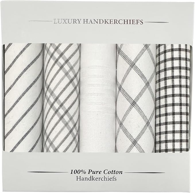 5 Pack Handkerchief Mens Cotton Luxury Hot Silver Gift Box Set, Vintage 40x40cm Fancy Design Pocket Square Hankie Gift Pack