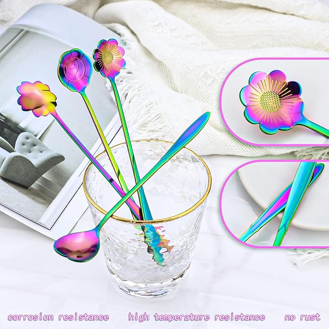 Flower Spoon Set of 4, 7 Inches Stainless Steel Reusable Cute Tea Spoon for Drink Mixing Milkshake Jam (Rainbow)