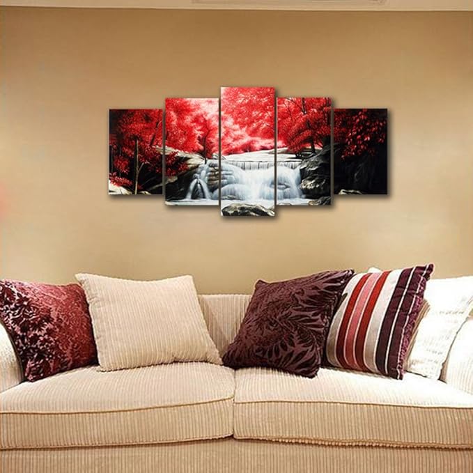 Wieco Art Red Forest Waterfalls 5 Piece Canvas Prints Wall Art for Living Bedroom Room Home Decorations Modern Gallery Wrapped Giclee Grace Landscape Tree Oil Paintings Reproduction Pictures
