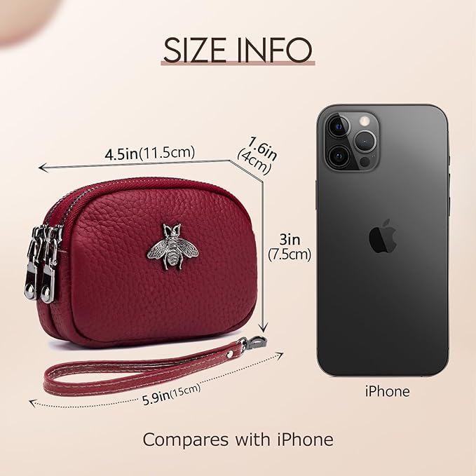imeetu Women Leather Coin Purse, Small 2 Zippered Change Pouch Wallet