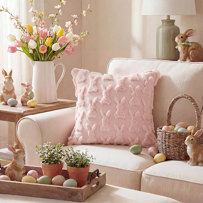 AVOIN colorlife Easter Rabbits Pink Throw Pillow Covers, 18 x 18 Inch Bunny Soft Plush Faux Fur Jacquard Cushion Case Decoration for Sofa Couch Set of 2