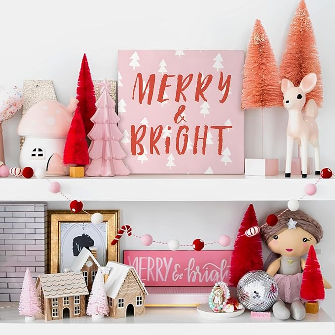 Mtrgdn Pink Christmas Decor Wooden Box Sign, Merry and Bright Wooden Box Signs,Xmas Holiday Gifts,Christmas Table Decorations for Home Bedroom Bathroom Kitchen Desk Decor 5x5