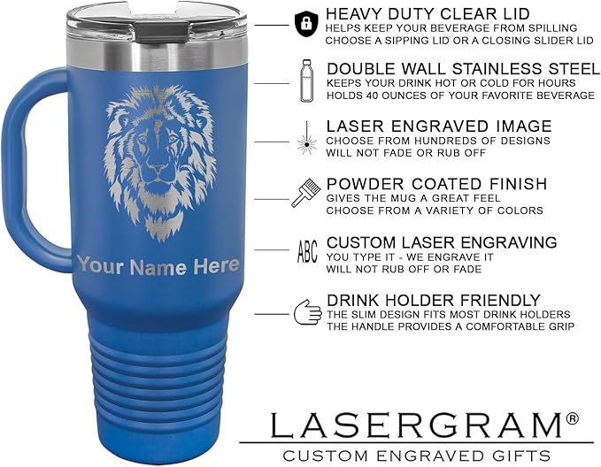 LaserGram 40oz Vacuum Insulated Travel Mug with Handle, Cup of Coffee, Personalized Engraving Included (Dark Blue)
