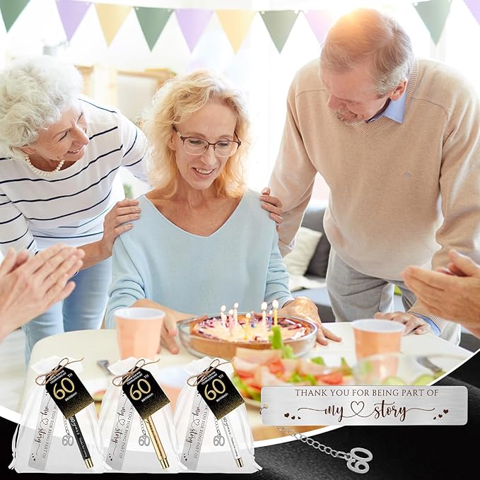 25 Sets Birthday Favors for Guests 25 Thanks for Coming Ballpoint Pens 25 Bookmarks 25 Cards with Organza Bag for Adult Birthday Anniversary Party Souvenir(Metal-60th)