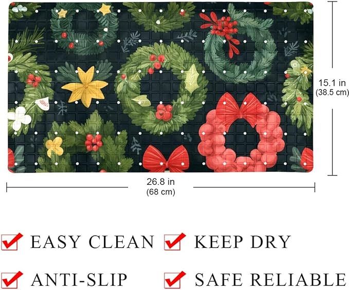 Bathtub Mats for Shower Tub, Christmas Wreath New Year Tree Cartoon Pattern Anti-Slip Bath Mats for Inside Tub, Bathroom Shower Mats with Drain Holes and Suction Cups