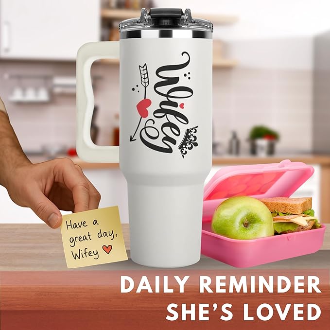 Christmas Gifts For Wife - Wife Tumbler 40Oz from Husband, Wifey Gifts on Birthday & Anniversary, Present Ideas for Wifey Her, Cool Wedding Coffee Cup with Straw and Handle, Drinking Mug for Women