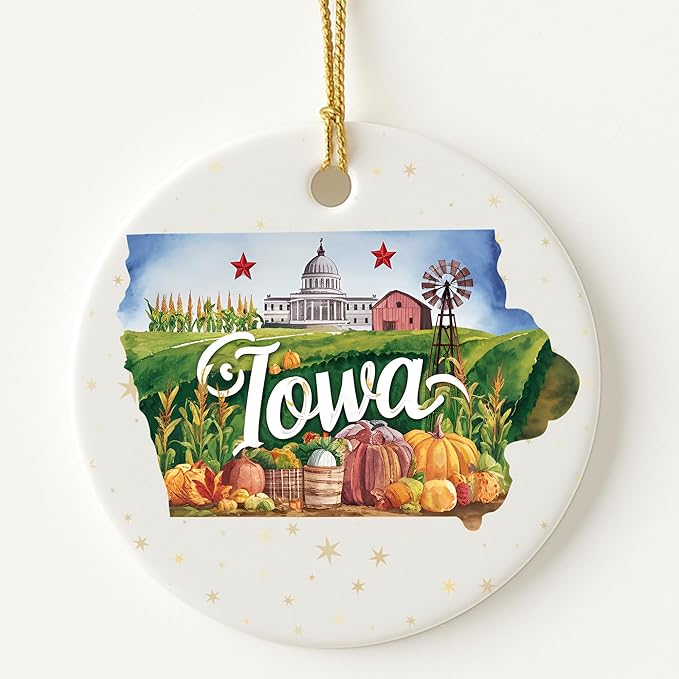 USA State Landmark Ceramic Ornament – Round Glossy Christmas Decoration Featuring U.S. State Art, Landmarks & Holiday Scenery – Collectible Travel Souvenir Ornament Series (Iowa)