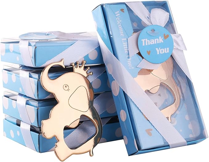 24PCS Elephant Bottle Opener Baby Shower Party Baby Boys Shower Gifts Baby Birthday Return Gifts for Guest Bridal Shower Wedding Anniversary Party Supplies (Blue Crown Elephant, 24)