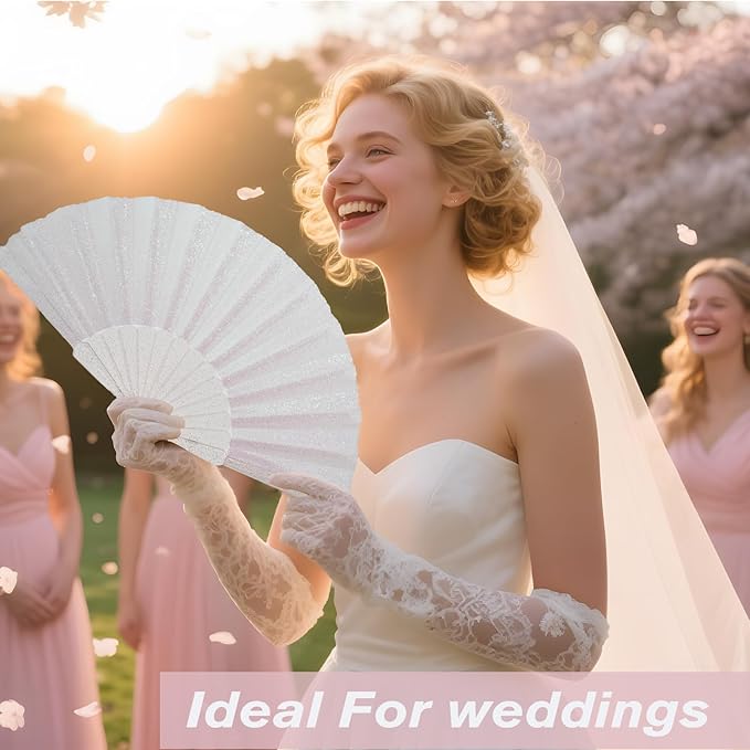 48 Pack Handheld Fan,Folding Hand Glitter fan with Shining Transparent Fan Rib – Ideal for Wedding, Church, Festival, Dance, Tea Party, Club, and EDM Accessories, White