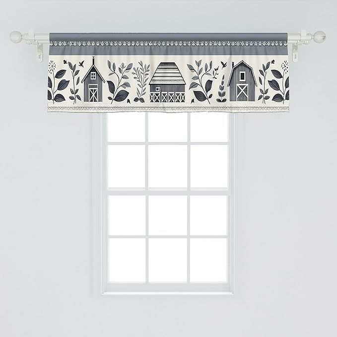 Ambesonne Farmhouse Window Valance Pack of 2, Monochrome Design of Leafy Cottagecore Barn Pattern Country Vibe, Rod Pocket Curtain Valances Kitchen Bedroom, 54" X 18",Blue Grey and Off White