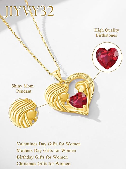 Mother and Daughter/Son Love Heart Necklace White Gold/14K Gold/Rose Gold Birthstone Jewelry Christmas Mothers Day Birthday Gifts For Mom Wife Grandma Women