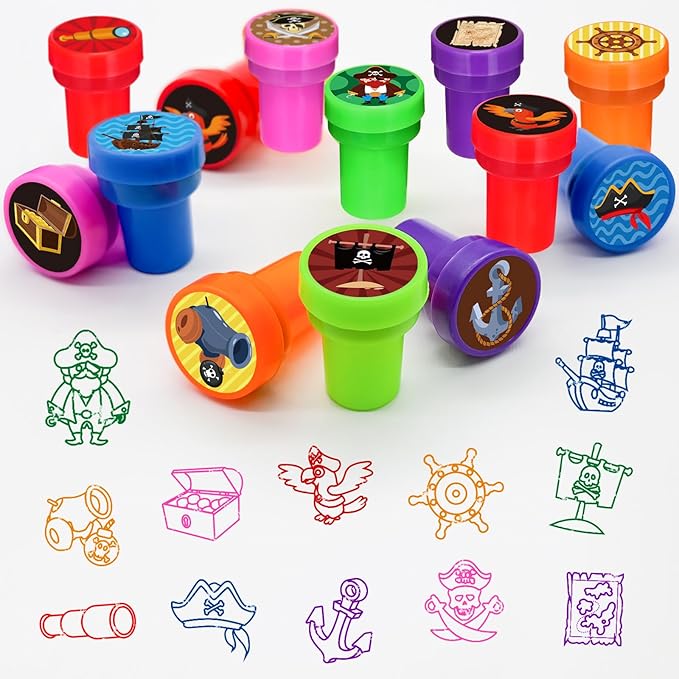 Cinrobiye 24 Pcs Pirate Stampers,Nautical Treasure Hunt Party Favors, Pirate Parrot Skull Birthday Party Supplies, Carnival Prizes Pinata, Goodie Bag Fillers, Classroom Rewards