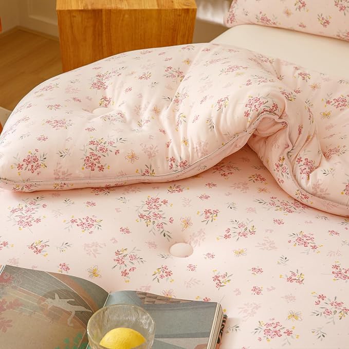 3PCS Comforter Set Queen Size, Ultra Soft Marshmallow Fluffy Comforter Bed Sets, Cute Bedding Set for Kids Girls Teen, Microfiber Lightweight All Seasons Bedroom (Pink Petals)
