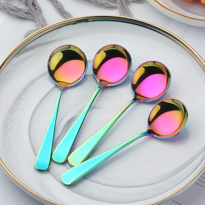 Buyer Star 8 Pieces Stainless Steel Round Soup Spoon, 6.3 Inch Mirror Polished Spoon Cutlery, Dishwasher Safe (Rainbow)