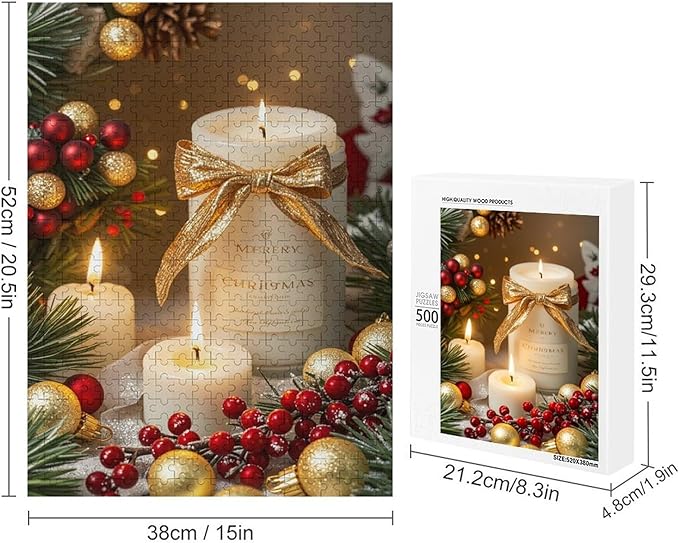 Wooden Puzzles 500 Piece，Christmas Atmosphere Candle Light, Merry Christmas Themed Jigsaw Puzzles，Funny Puzzles，Stress Relief Games，Puzzle Games Challenge Puzzles