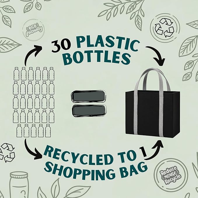 CRAFTYLINES Eco-Friendly Reusable Grocery Bags RECYCLED FROM 30 PLASTIC BOTTLES | Heavy-Duty Shopping Bags with Long Handles | Large Tote Bags, Foldable Organizer & Carry Basket For Kitchen (3 Pack)