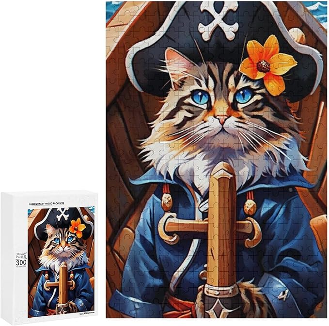 Wooden Puzzle - Classic Pirate Cat Leader Jigsaw Puzzles，Wooden Puzzles for Adults 300 Pieces Challenge Puzzles，Educational Games，Family Puzzles，Unique Gifts for Wall Art
