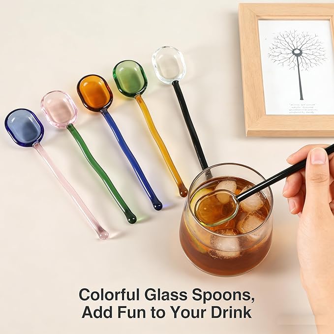 Glass Spoons 5/6 Pieces - 6.1 inch Crystal Coffee Teaspoons, Heat Resistant Long Handle Glass Drink Stirrers, Colored Translucent Spoons for Tea, Sugar, Yogurt, Dessert, Soup, Home Bar Party (5)