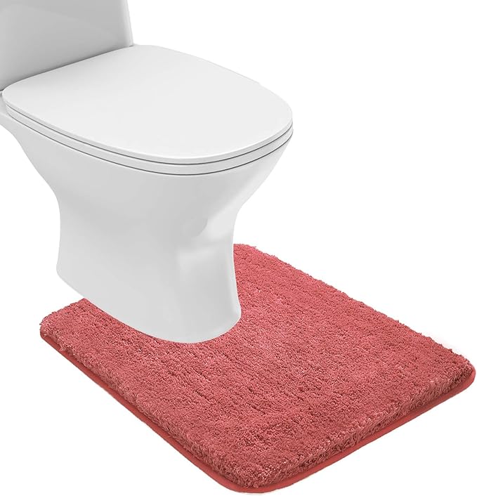 Suchtale Contour Rug Non Slip Bath Mat Water Absorbent Soft Microfiber Shaggy Bath Mat Machine Washable Thick Plush U Shape Toilet Rug (20 x 24, Living Coral)