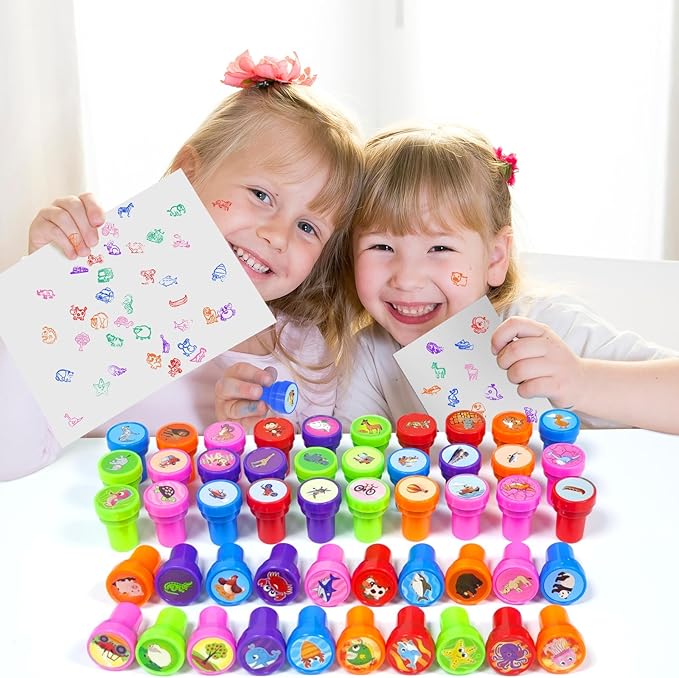 Cinrobiye 50 PCS Stampers for Kids ,Animal Car Fun Theme Self-Inking Stamp Set for Party Favors Classroom Rewards DIY Crafts Goodie Bag Fillers Birthday Gifts Spring Summer Supplies