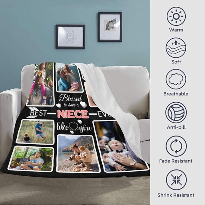 Custom Blanket Gifts for Niece, Customized Blankets with Photos, Make a Personalized Bed Throws to My Niece, Custom Souvenir Throw Blanket for Best Niece Ever, 8 Collages Made in USA
