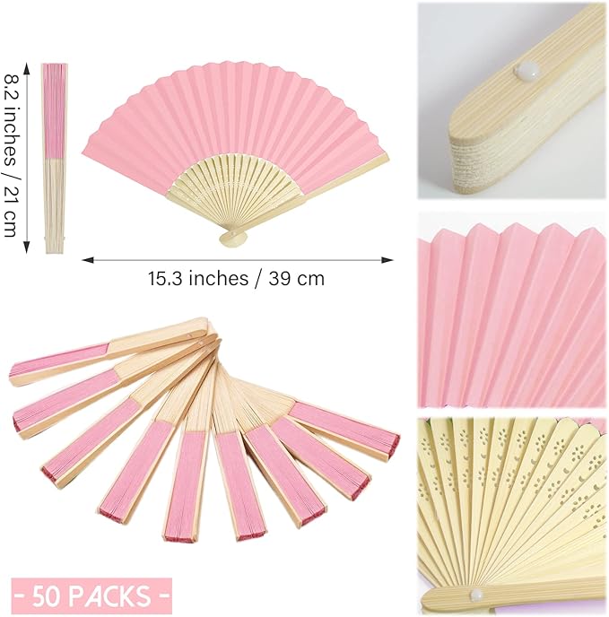50 Pieces Paper Fans Paper Hand Fan Bamboo Folding Fan Handheld Fan Paper Folded Fan Paper Fan for Wedding Party and Home Decoration (Pink)