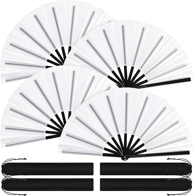 Blulu 4 Pcs 13 Inch Large Folding Hand Fans for Line Dancing Big Clapping Popping Raves Fans Bulk for Dancing Boots on The Ground Festival Party Decoration(Classic Style, White)
