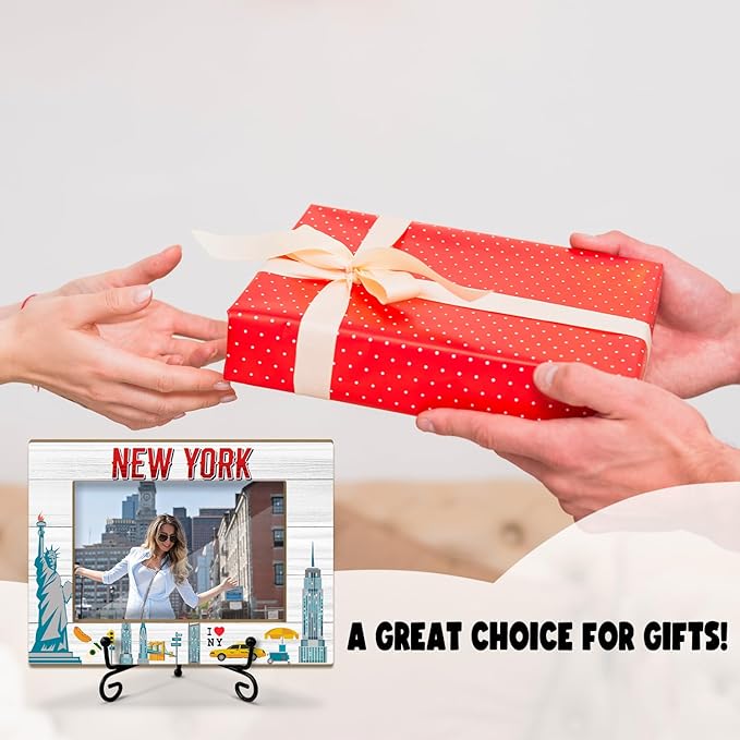 Lesixur New York 4x6 Photo Frame, Gifts for Wedding Honeymoon Vacation, New York Souvenirs for Friends Family, Wooden Picture Frame with Iron Stand for Tabletop Desktop Display, Home Table Decor -046