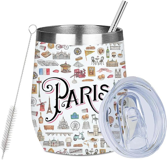 France Paris Travel Souvenir Wine Tumbler 12 oz Insulated Wine Glass Cup with Lid Straw Vacuum Insulated Travel Cup,Travel Weekender Gifts for Women Men Bestie Sister Girl Camping Christmas Birthday