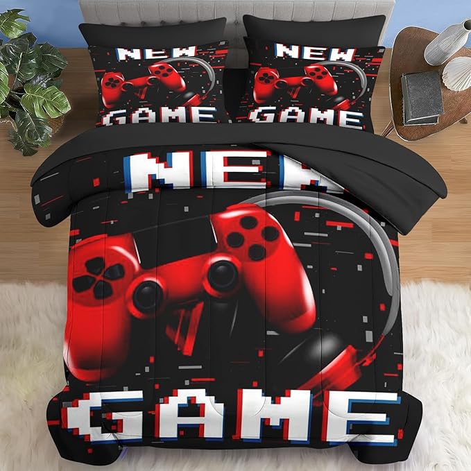 Comforter Set Queen Size, Retro Gaming Gamepad 7 Pcs Bedding for Kids and Adults, Play Computer Video Games Bed Sheet Sets with Fitted Sheet 2 Pillowcases & 2 Shams for Bedroom Bed Decor