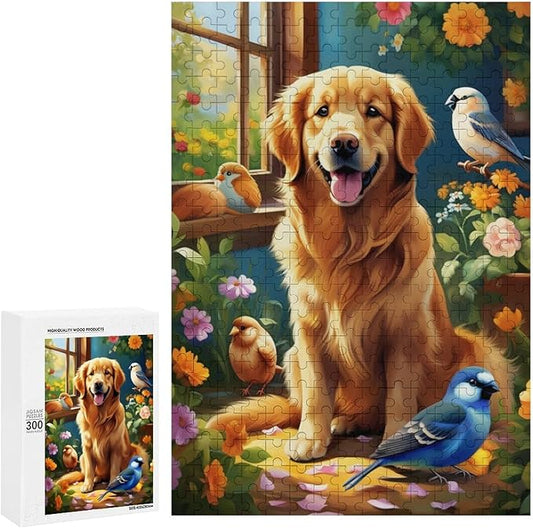 Wooden Puzzle - Garden Golden Retriever Jigsaw Puzzles，Wooden Puzzles for Adults 300 Pieces Challenge Puzzles，Educational Games，Family Puzzles，Unique Gifts for Wall Art
