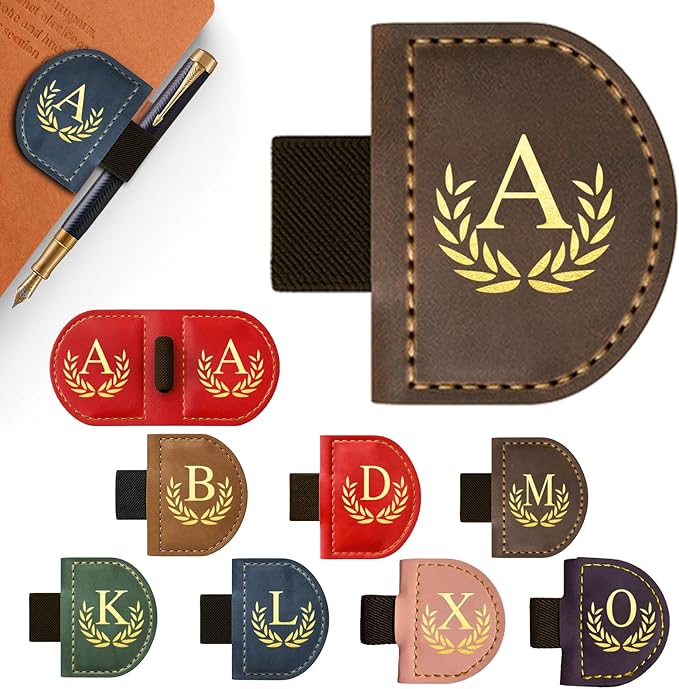 Personalized Leather Magnetic Bookmark with Pen Holder, Custom Bygone Mark Bookmark with Pen Holder, Custom Bookmarks with 26 Letters for Reading Women, Men, Teachers, Book Lovers（Coffee，A）
