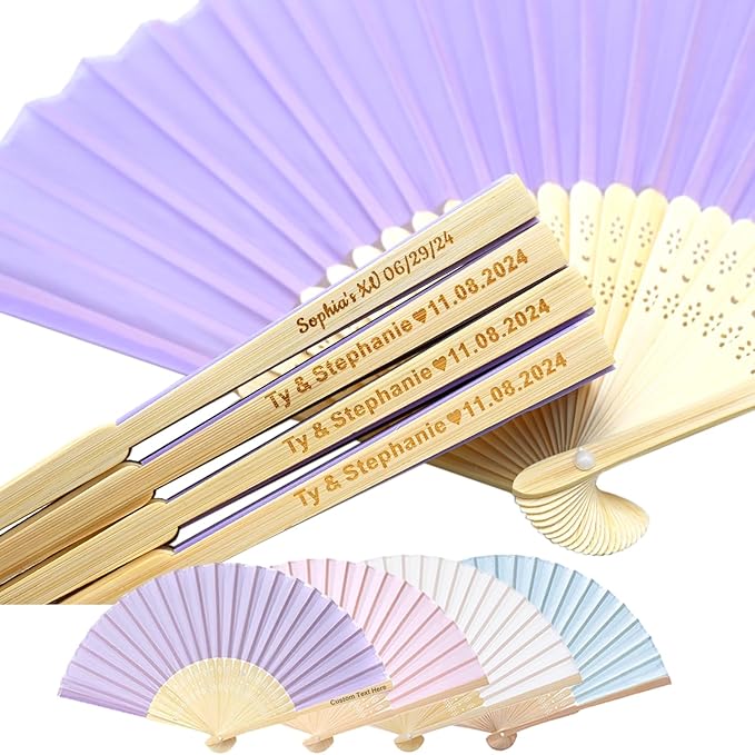 5pcs Personalized Purple Folded Hand Fans, Custom Folding Hand Fans for Wedding Guests, Wedding Gift Party Favors Church Fans Handheld, Birthday Party Supplies Bridal Shower Gifts