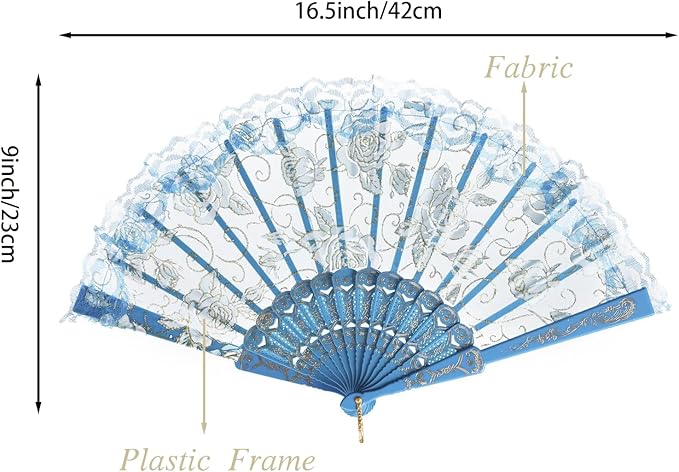 QIRMIZI 10 Pcs Rose Lace Folding Fans,Silk Folding Hand Fans, Perfect for Weddings, Parties, and Dancing,Light Blue