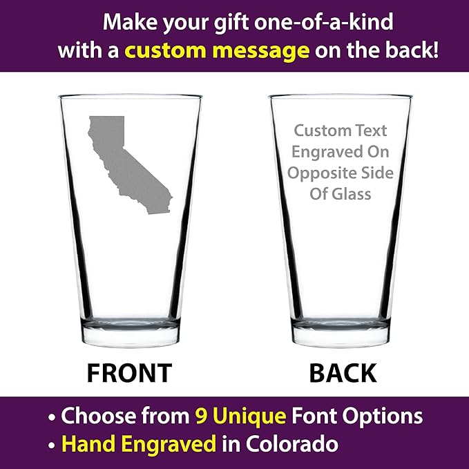 Custom California State Outline Pint Glass for Beer - State Themed Drinking Decor and Gifts for Californian Women & Men - 16 Oz Glasses