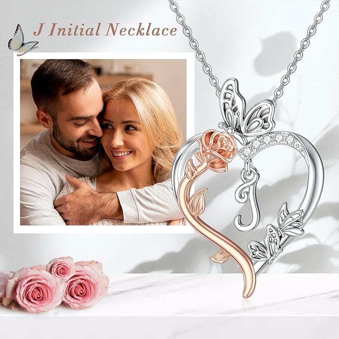 TOUPOP Rose Heart Necklaces Gifts for Women 925 Sterling Silver Butterfly Heart Initial Necklace Anniversary Valentines Day Birthday Jewelry Gifts for Mom Her Wife Girlfriend Daughter