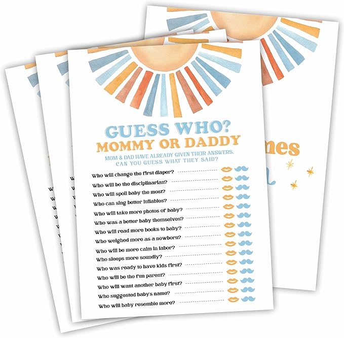 Sunshine Guess Who Baby Shower Game Kit - Retro Here Comes The Sun - 30 Double-Sided Fill In Game Cards For Baby Shower, Gender Reveal Party Favor, Activity & Supplies - D04
