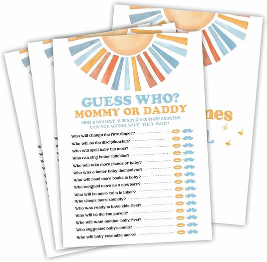 Sunshine Guess Who Baby Shower Game Kit - Retro Here Comes The Sun - 30 Double-Sided Fill In Game Cards For Baby Shower, Gender Reveal Party Favor, Activity & Supplies - D04