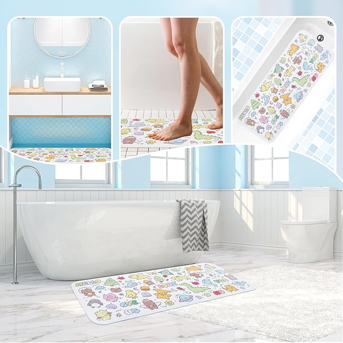 Baby Bath Mat for Tub Non Slip Kids Bathtub Mat Extra Long 40X16 Inch Toddler Bath Tub Shower Mat Anti Slip with Suction Cups & Drain Holes, Machine Washable (Cartoon)