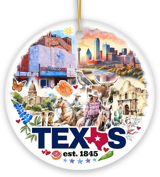 Artistic Watercolor Texas Cultures and Landmarks Ceramic Ornament, Travel Gift and Christmas Tree Decor