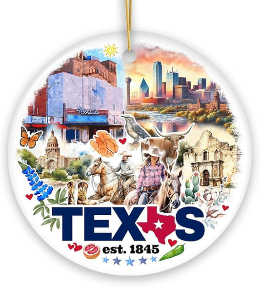 Artistic Watercolor Texas Cultures and Landmarks Ceramic Ornament, Travel Gift and Christmas Tree Decor